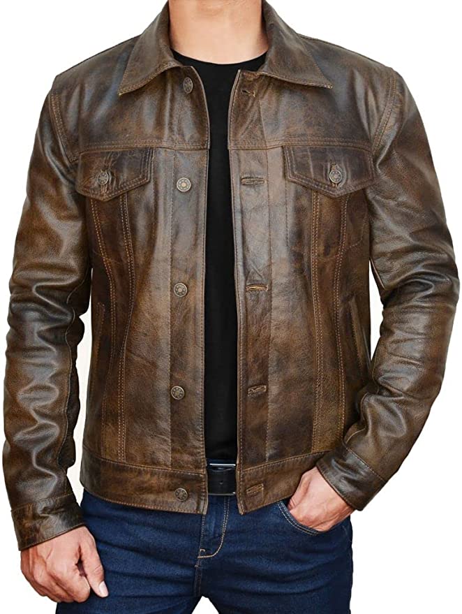 STOREJEES Men's Genuine Leather Slim Fit Trucker Jacket