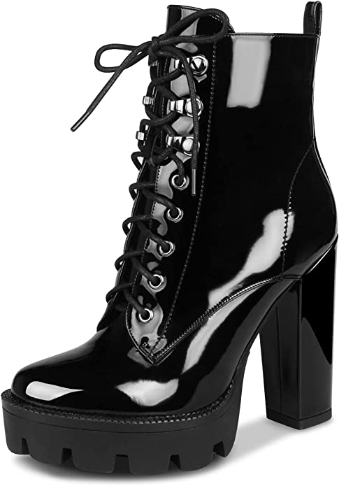 WETKISS Patent Leather Platform Chunky Combat Boots