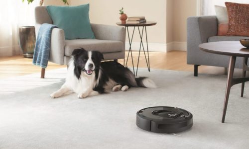 The iRobot Roomba i7 vacuums as a dog watches it in action.