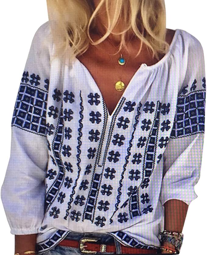 AK Embroidered 3/4 Sleeve Women’s Bohemian Top