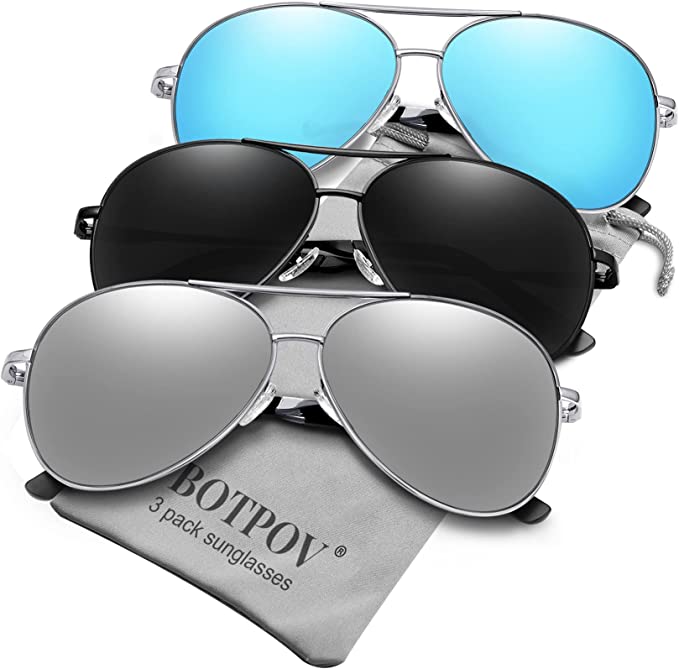 BOTPOV Unisex Adjustable Ends Aviator Sunglasses, 3-Pack