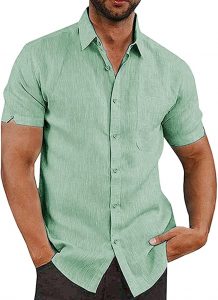 JEKAOYI Cotton Linen Short-Sleeve Collared Button-Down Shirt