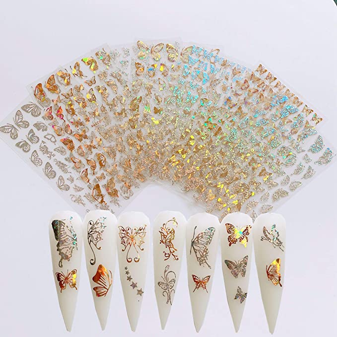 NAIL ANGEL Metallic Butterfly Nail Sticker Decals, 8 Sheets
