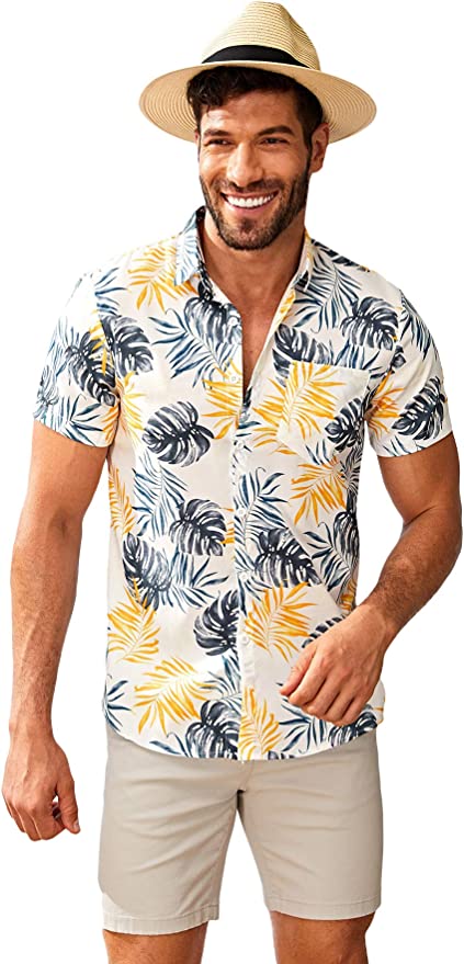 Romwe Men’s Short Sleeve Tropical Print Aloha Shirt