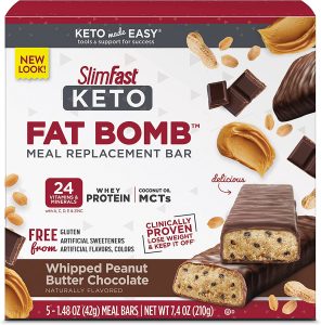 SlimFast Fat Bomb Whey Protein Keto Chocolate Peanut Butter Bars, 5-Count