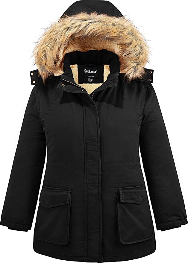 Soularge Women’s Plus-Size Sherpa Lined Detachable Hood Coat