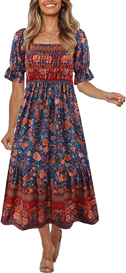 Uimlk Women S Square Neck Floral Midi Bohemian Dress