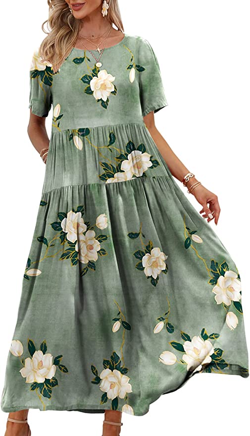 YESNO Women’s Floral Bohemian Tiered Maxi Swing Dress