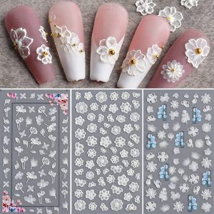 ZEYER 5D Floral Self-Adhesive Nail Sticker Decals, 3 Sheets