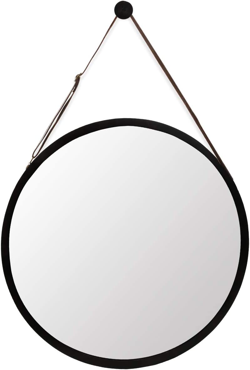 Zri Bamboo Circle Frame & Artificial Leather Strap Hanging Mirror