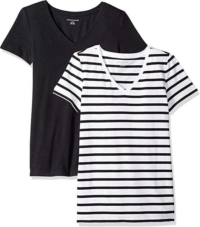 Amazon Essentials V Neck Lightweight Solid & Striped T-Shirts, 2-Pack