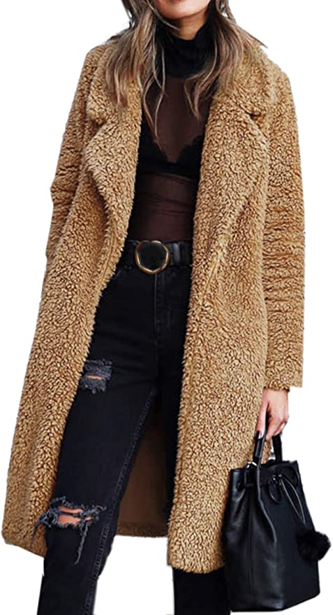 Angashion Long Fuzzy Fleece Open Lapel Jacket For Women