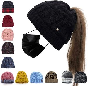 Bocianelli Face Mask Loop Buttons Beanie Hat For Ponytails