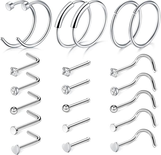 D.Bella Hypoallergenic Stainless Steel Nose Rings, 21-Piece