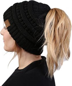 Funky Junque Ribbed Knit Acrylic Beanie Hat For Ponytails