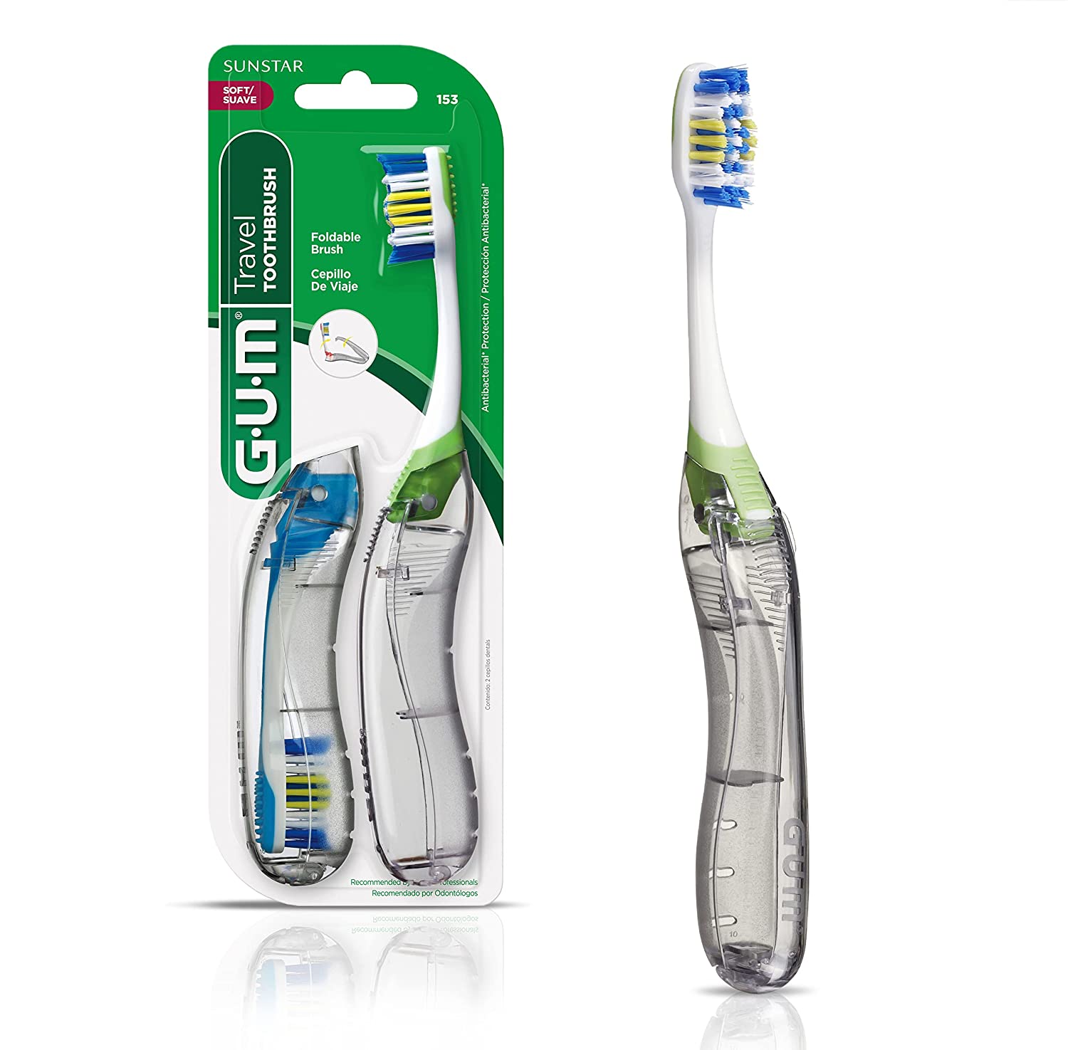 GUM Antibacterial Foldable Travel Toothbrush, 2-Pack