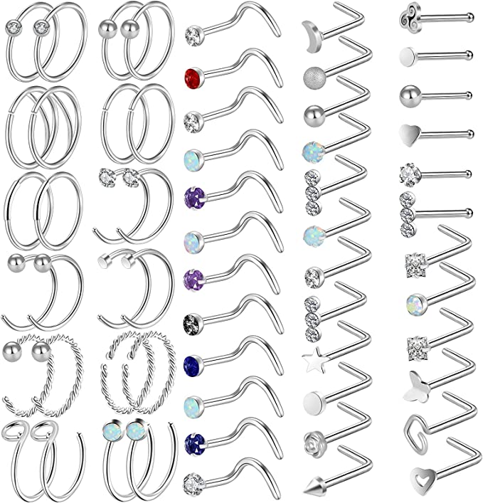 Hicdaw Polished 361L Stainless Steel Nose Rings, 60-Piece