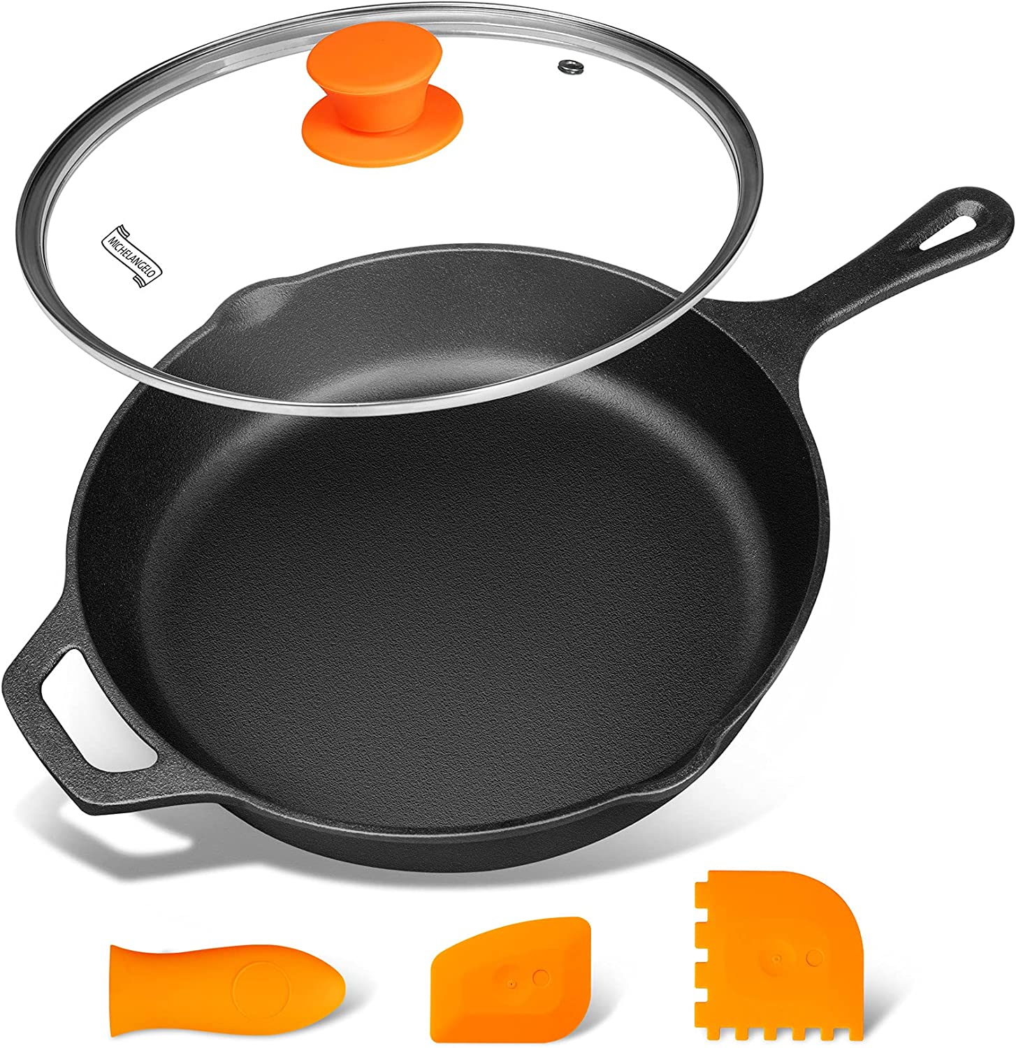 MICHELANGELO 3-Ply Easy Clean Cast Iron Skillet With Lid, 10-Inch