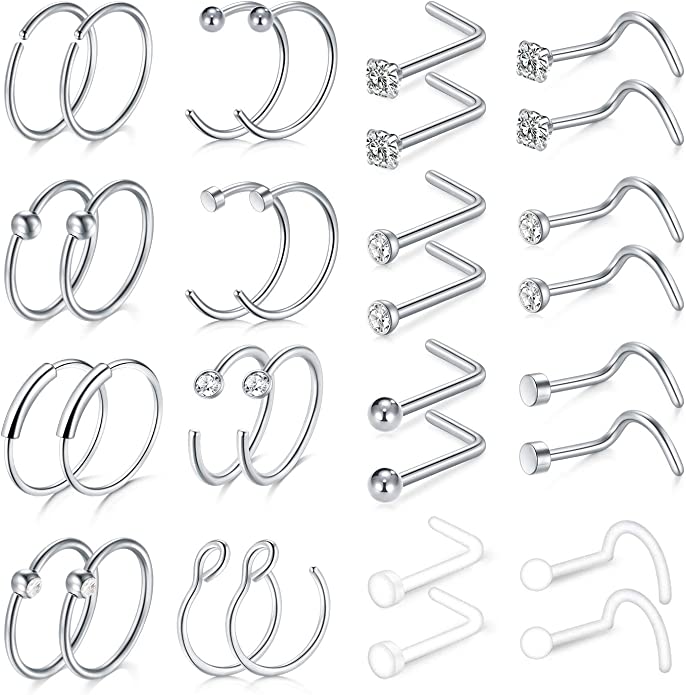 MODRSA Steel Hoop & Stud Nose Rings, 32-Piece