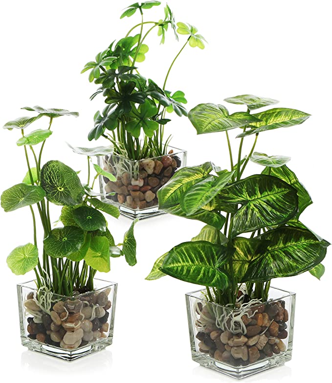 MyGift Fake Tabletop Greenery Plants in Transparent Glass Pots