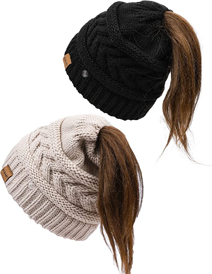 PUKAVT Cable Knit Acrylic Beanie Hat For Ponytails, 2-Pack