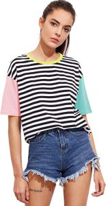 ROMWE Color Block Short Sleeve Striped T-Shirt