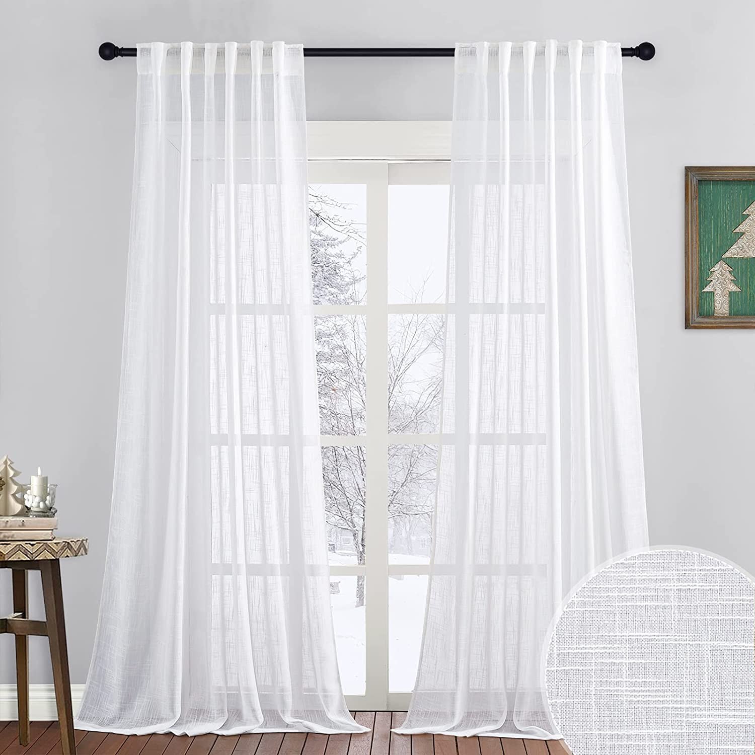 RYB HOME Line Weave Linen Texture Sheer Curtains, 2-Pack