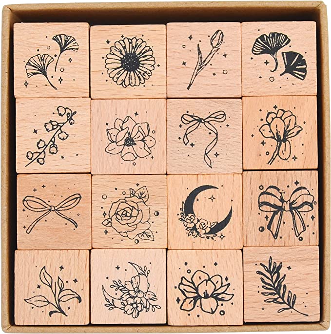 Cliocoo Wood Botanical Rubber Stamp Set, 16 Piece