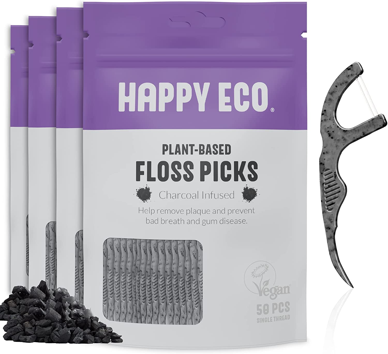 HAPPY ECO Corn Starch Plant-Based Tooth Floss Picks, 200-Count