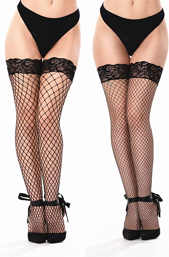 JoMaKaC Reinforced Toe Fishnet Thigh High Stockings, 2-Pairs