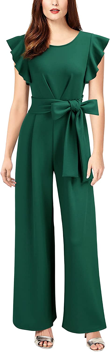 Knitee Ruffle Sleeve Stretch Fabric Jumpsuit For Women