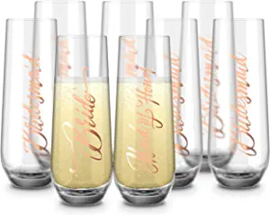 KooK Bridesmaid Gifts Stemless Glass Champagne Flutes, 8 Piece