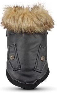 LESYPET Waterproof Faux Leather Fur Collar Fleece Lined Dog Coat