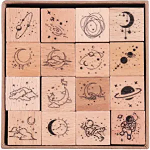 RisyPisy Wooden Rubber Cosmic Moon & Sixpence Series Stamps, 16 Piece