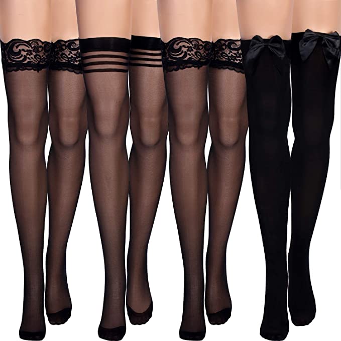 SATINIOR Lace & Bow Design Thigh High Stockings, 4-Pairs