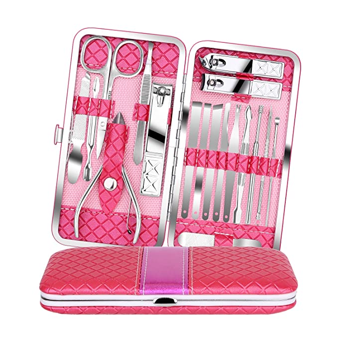Teamkio Stainless Steel Travel Manicure Set With Leather Case, 18 Piece
