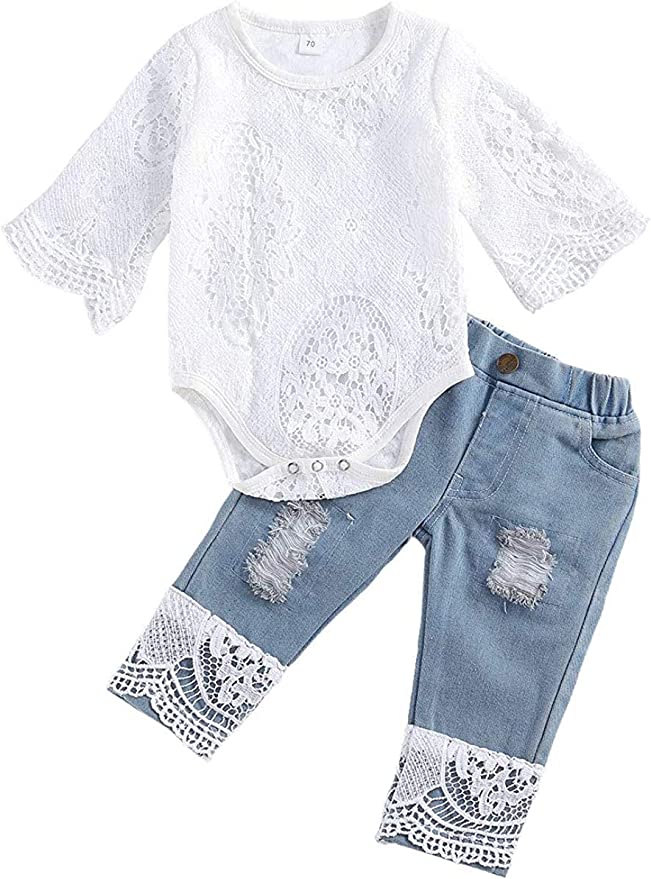 Yvowming Lace Long Sleeved Onesie & Distressed Jeans Set Baby Girl Gifts