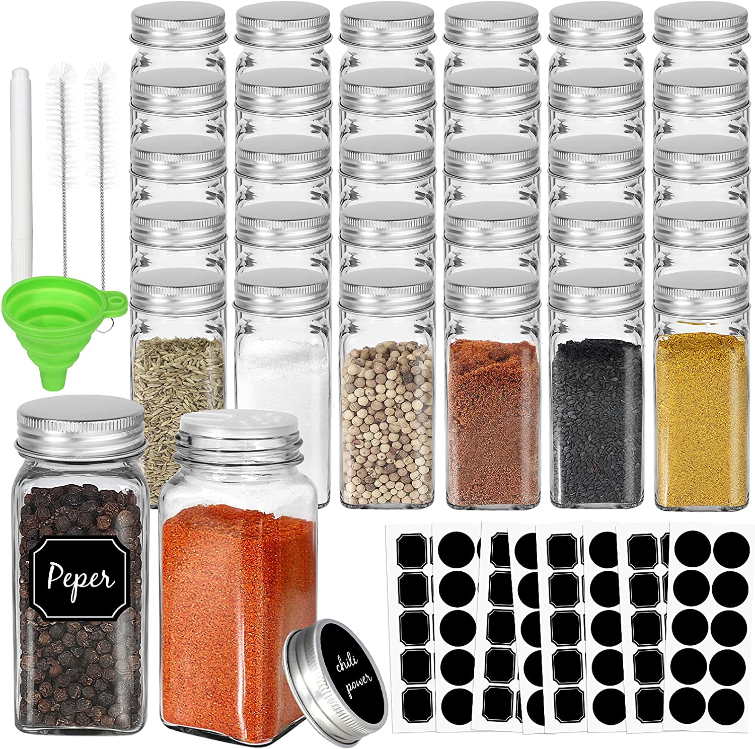 NETANY 25 Pcs Spice Jars with Labels and Shaker Lids - Minimalist Stickers,  Collapsible Funnel, 4oz Seasoning Containers Bottles for Spice Rack