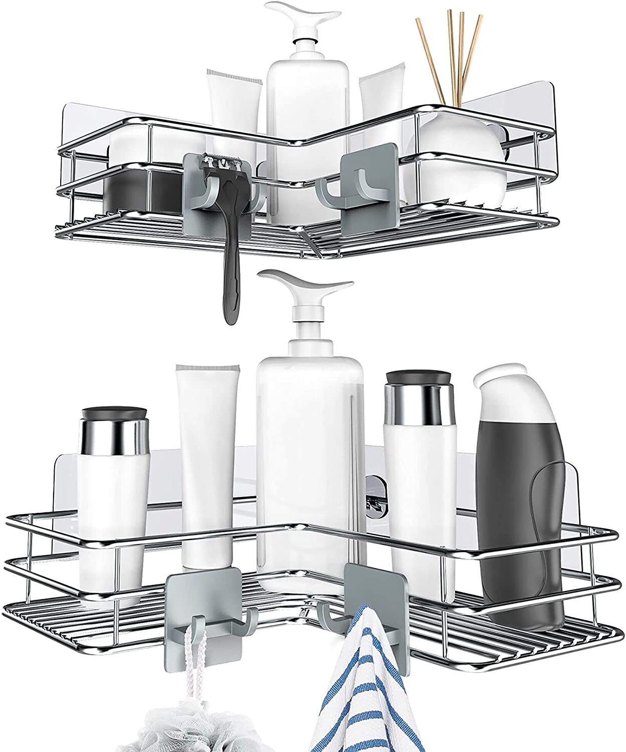 Orimade Corner Shower Caddy Stainless Steel with Hooks Wall 2-Pack, 01- silver