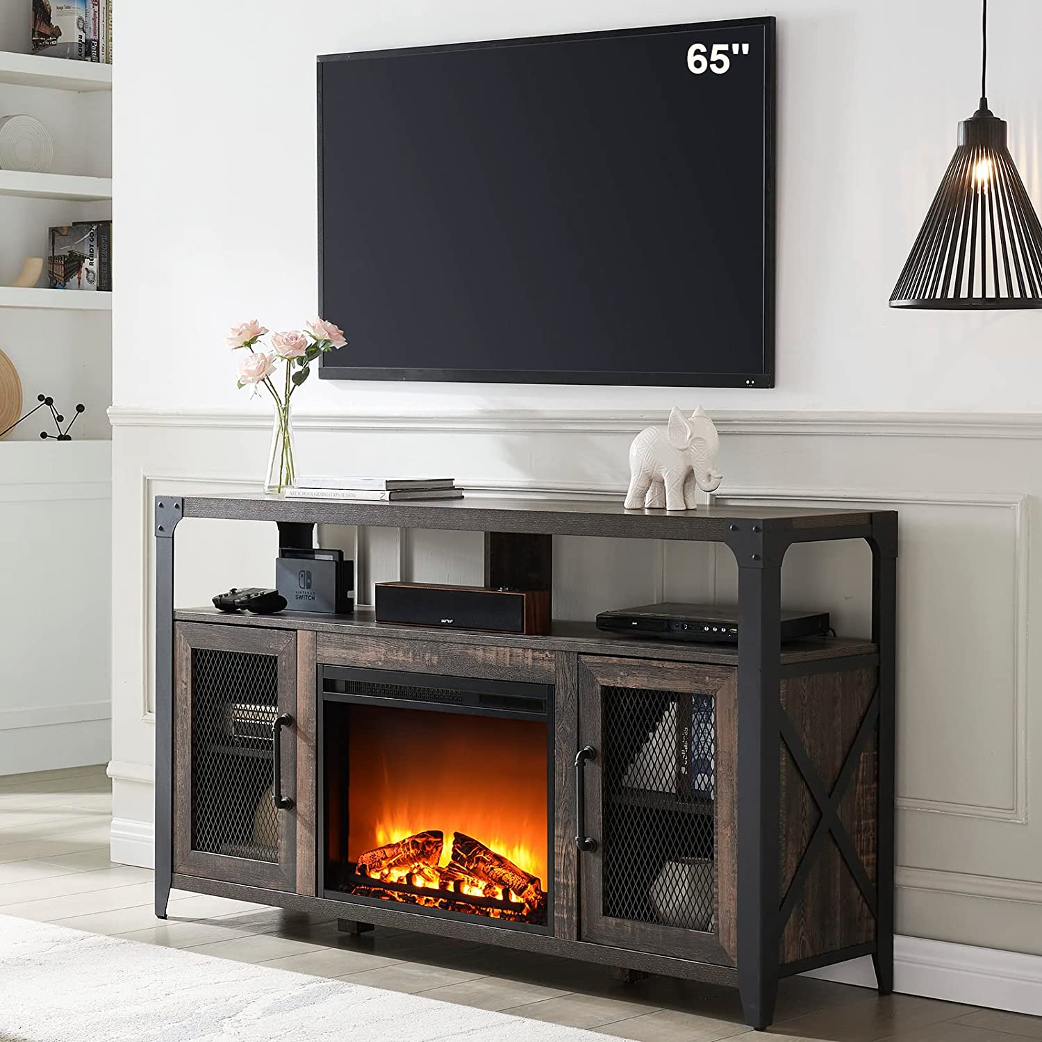 OKD Rustic Industrial Metal X-Frame Wooden Electric Fireplace & TV Stand