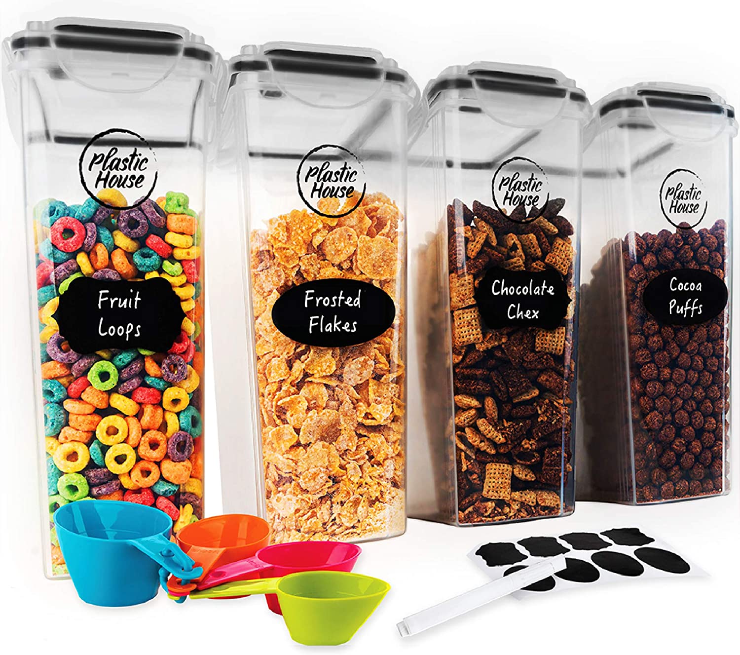 Plastic House Silicone Lid Leak Resistant Cereal Containers, 4-Piece