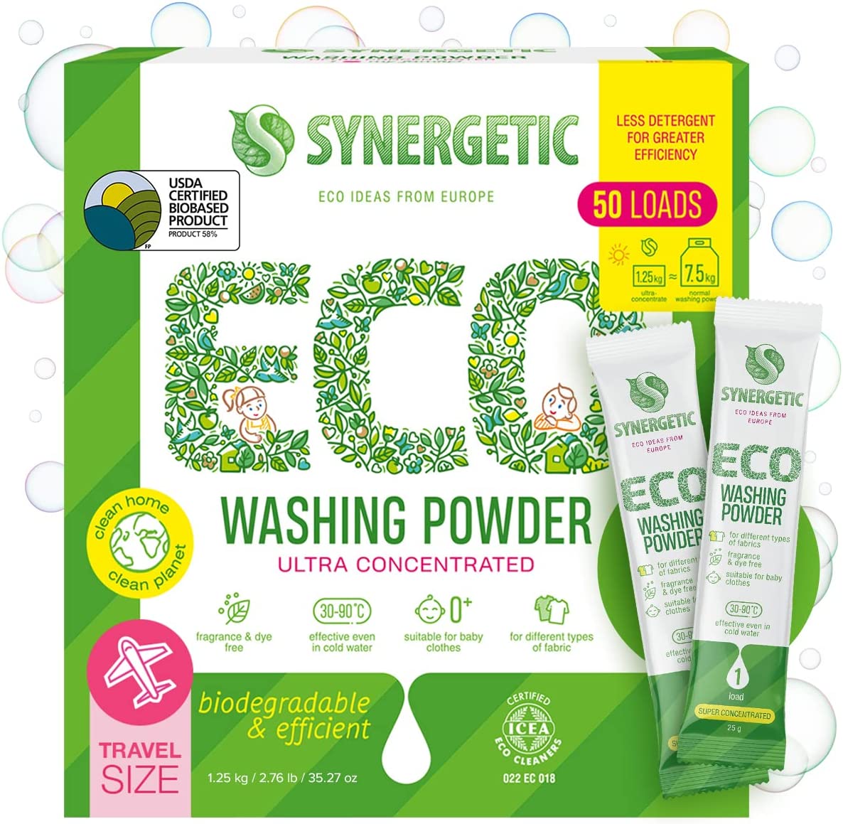 S SYNERGETIC Eco-Friendly Laundry Detergent Travel Packs, 50-Load