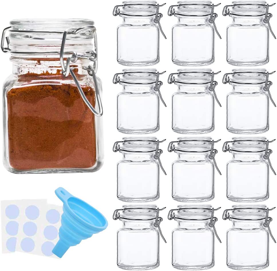 SPANLA Hinged Rubber Gasket Lids Spice Jars, 12-Pack