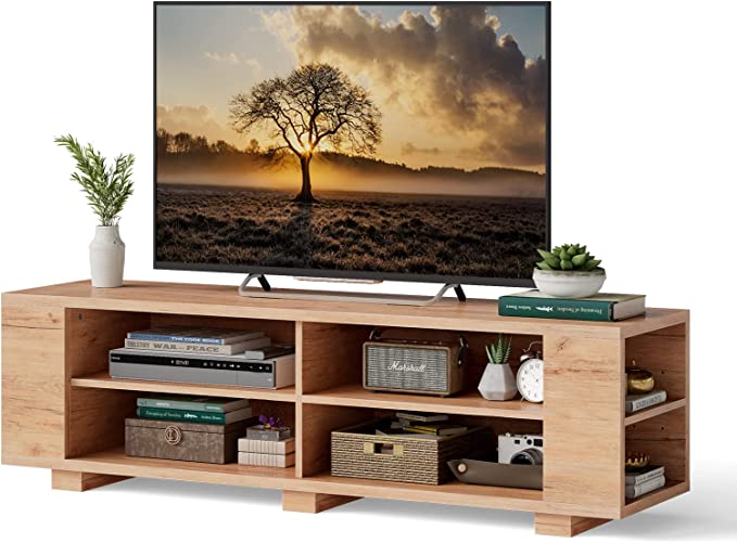 Tangkula Modern Storage Shelves Wooden TV Stand