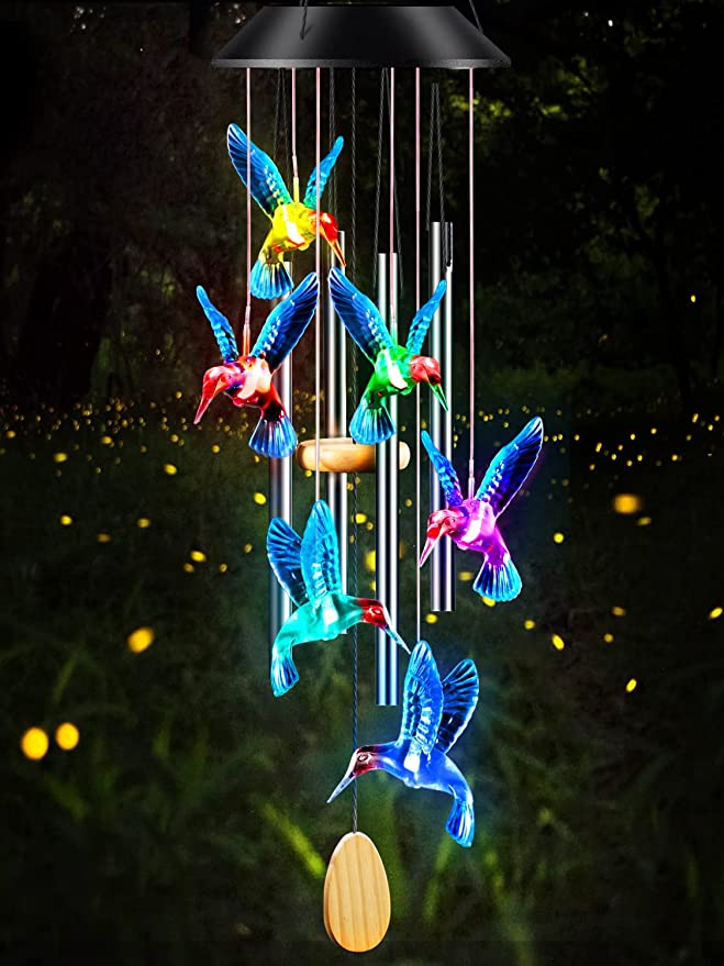 DesGully Solar Powered Color Changing Hummingbird Wind Chimes