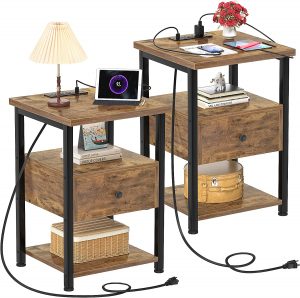 Ecoprsio Outlet & USB Charging Ports Wooden Bedside Tables, 2-Pack
