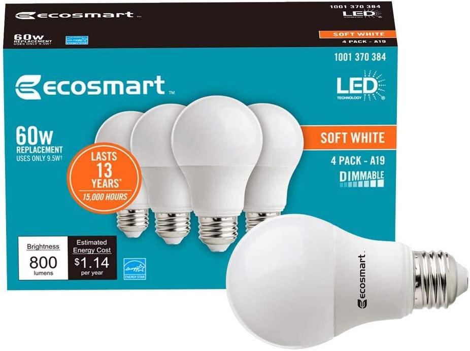 EcoSmart Long-Lasting Dimmable Lightbulbs, 4-Pack