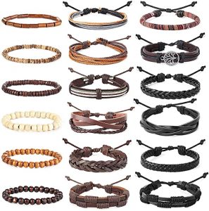 Hanpabum Assorted Beaded & Braided Leather Men’s Bracelets, 18-Piece