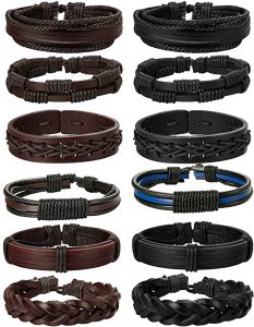 Jstyle Assorted Designs Braided Leather Men’s Bracelets, 12-Piece