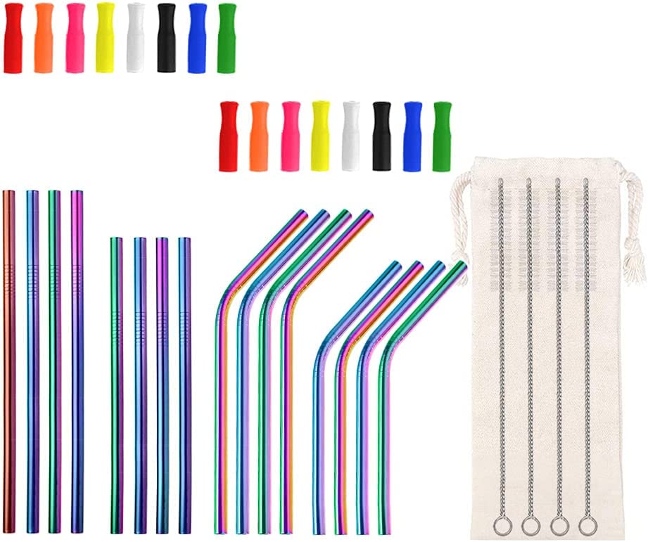 Lazycorner Silicone Tips Mini Reusable Metal Straws, 16-Pack